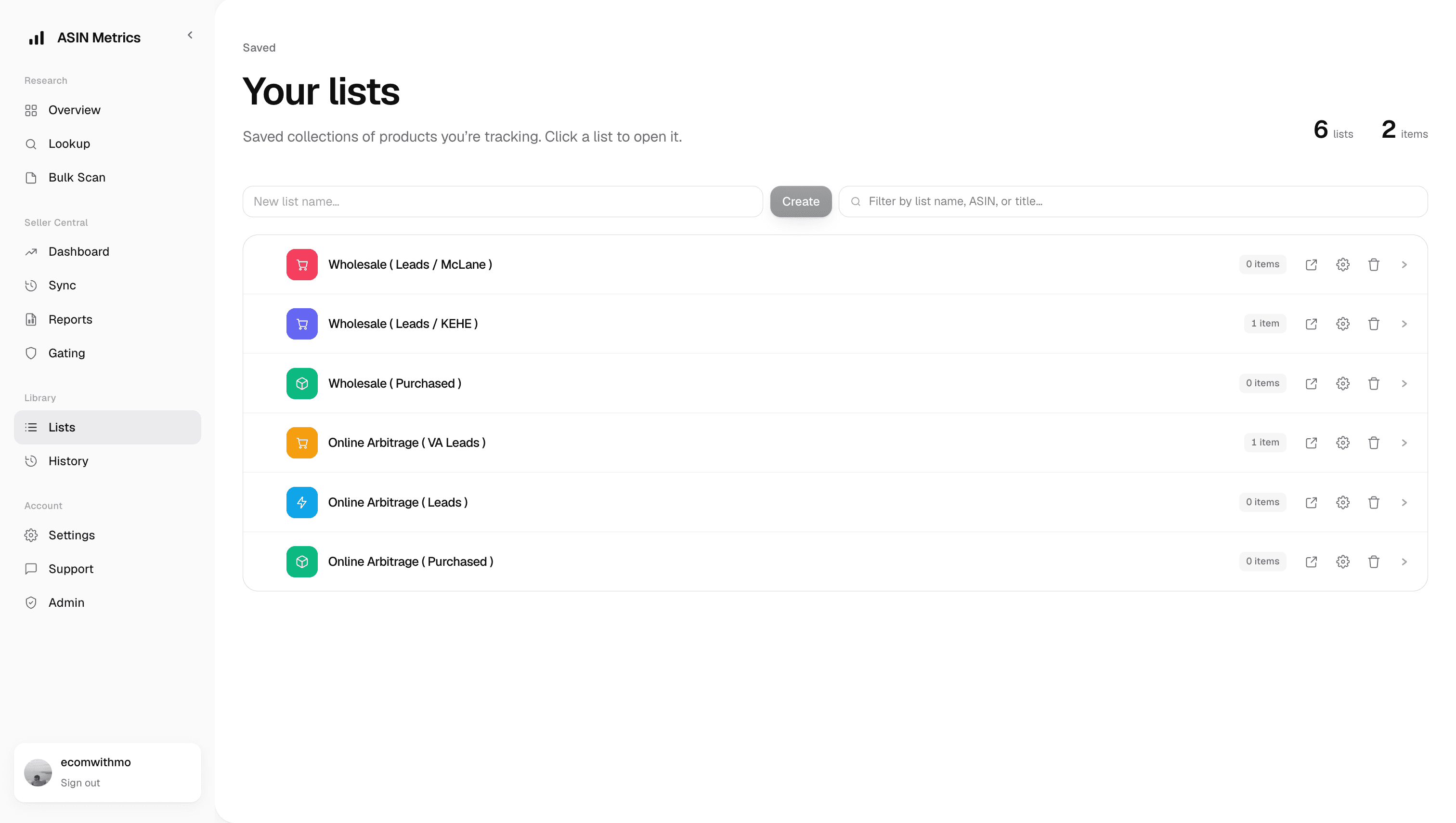 ASIN Metrics lists library — saved, color-coded lists for wholesale and online-arbitrage leads.