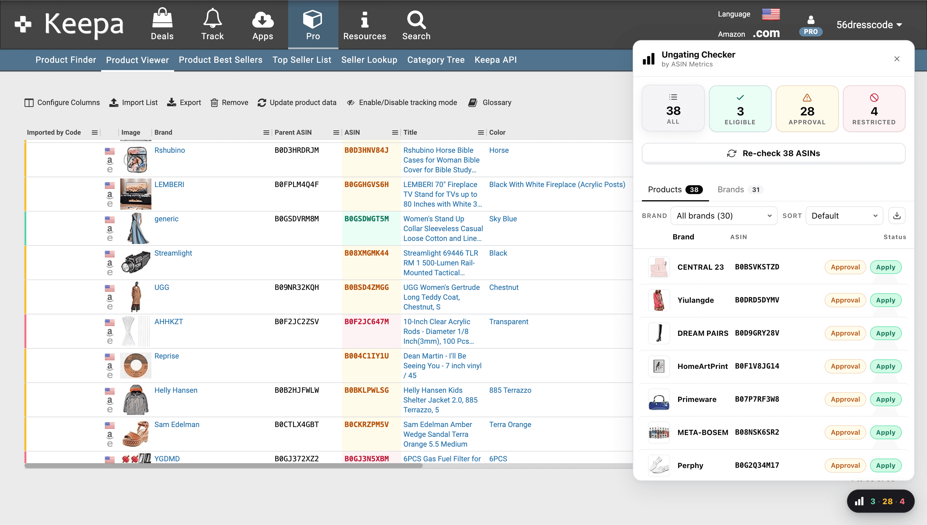 ASIN Metrics Ungating Checker docked on a Keepa product page — eligible, approval-needed, and restricted ASINs.