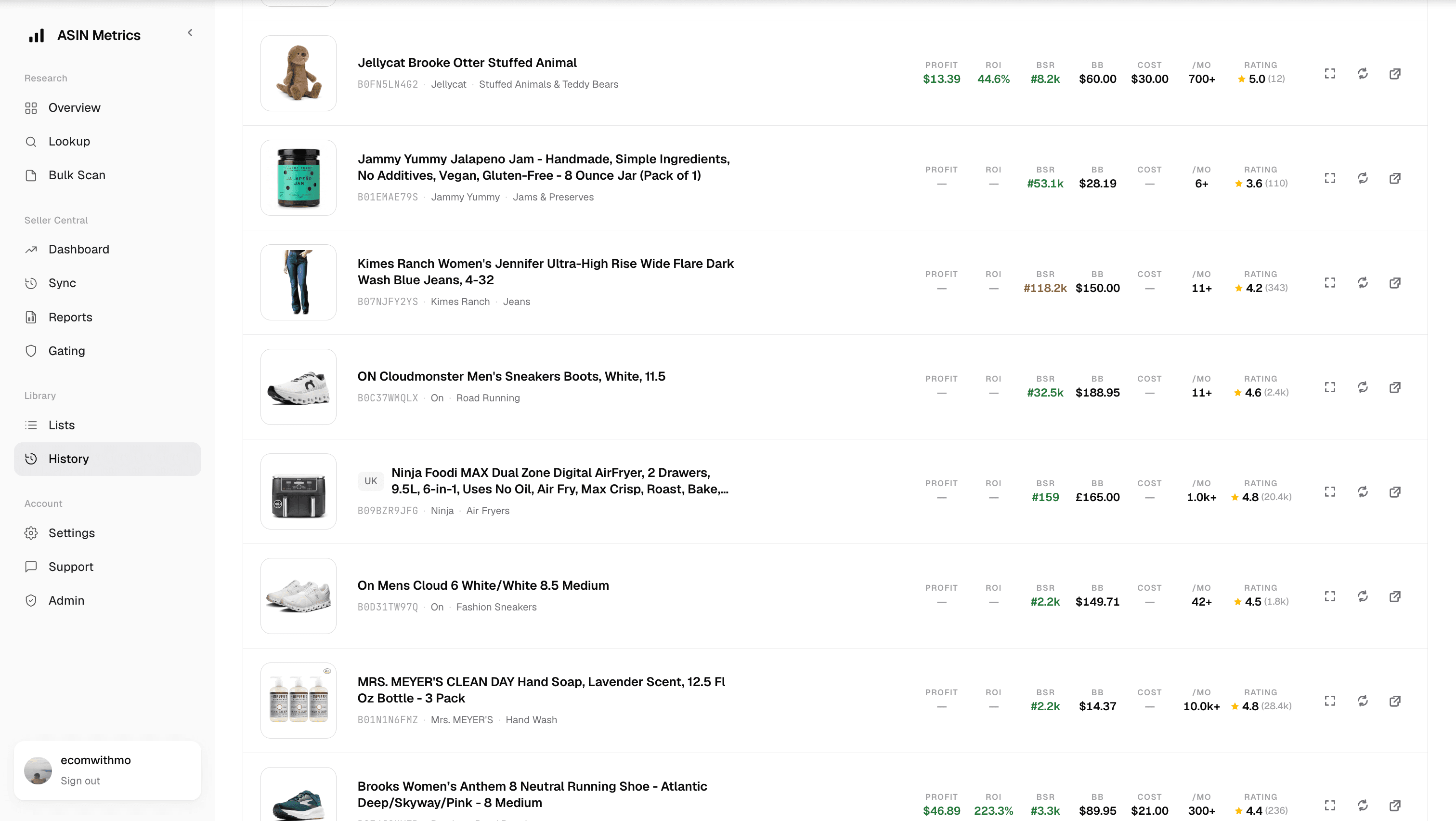 ASIN Metrics lookup history — every checked ASIN with profit, ROI and rank, searchable and attributable.